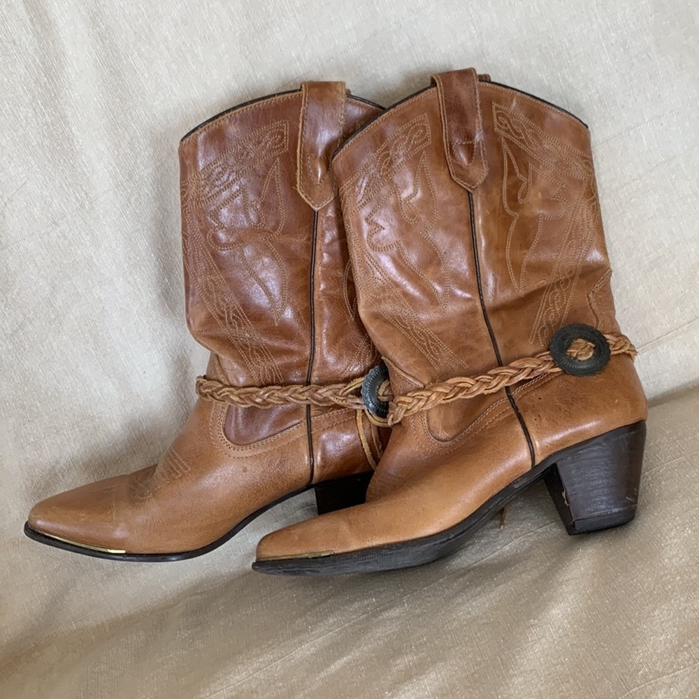 EUC Genuine Oak Tree Farms Chestnut Brown Leather Block Heel Western Boots sz 9